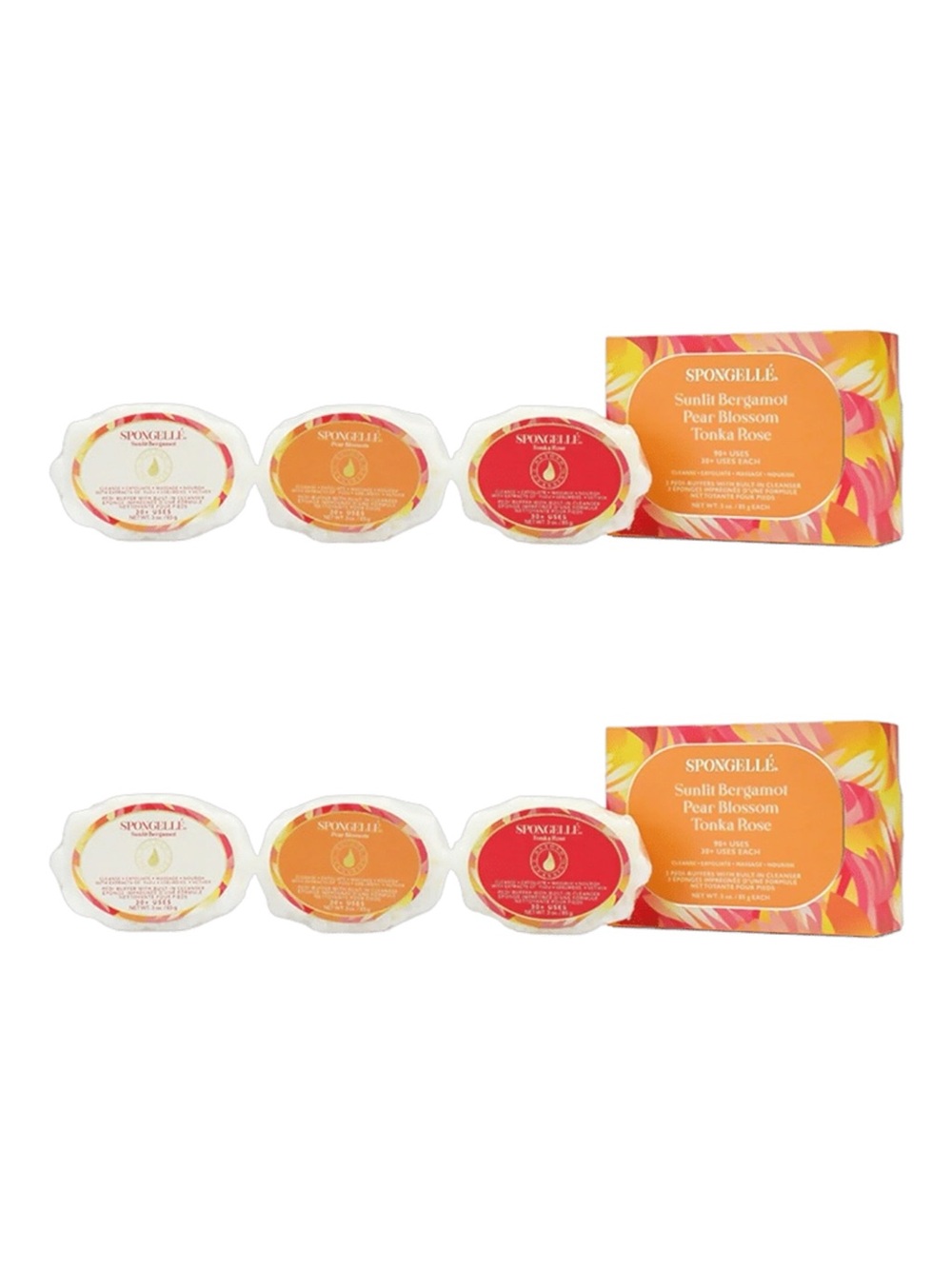 2x Spongelle Trio pedi buffers with built in cleanser 3oz Bergamot Pear Rose